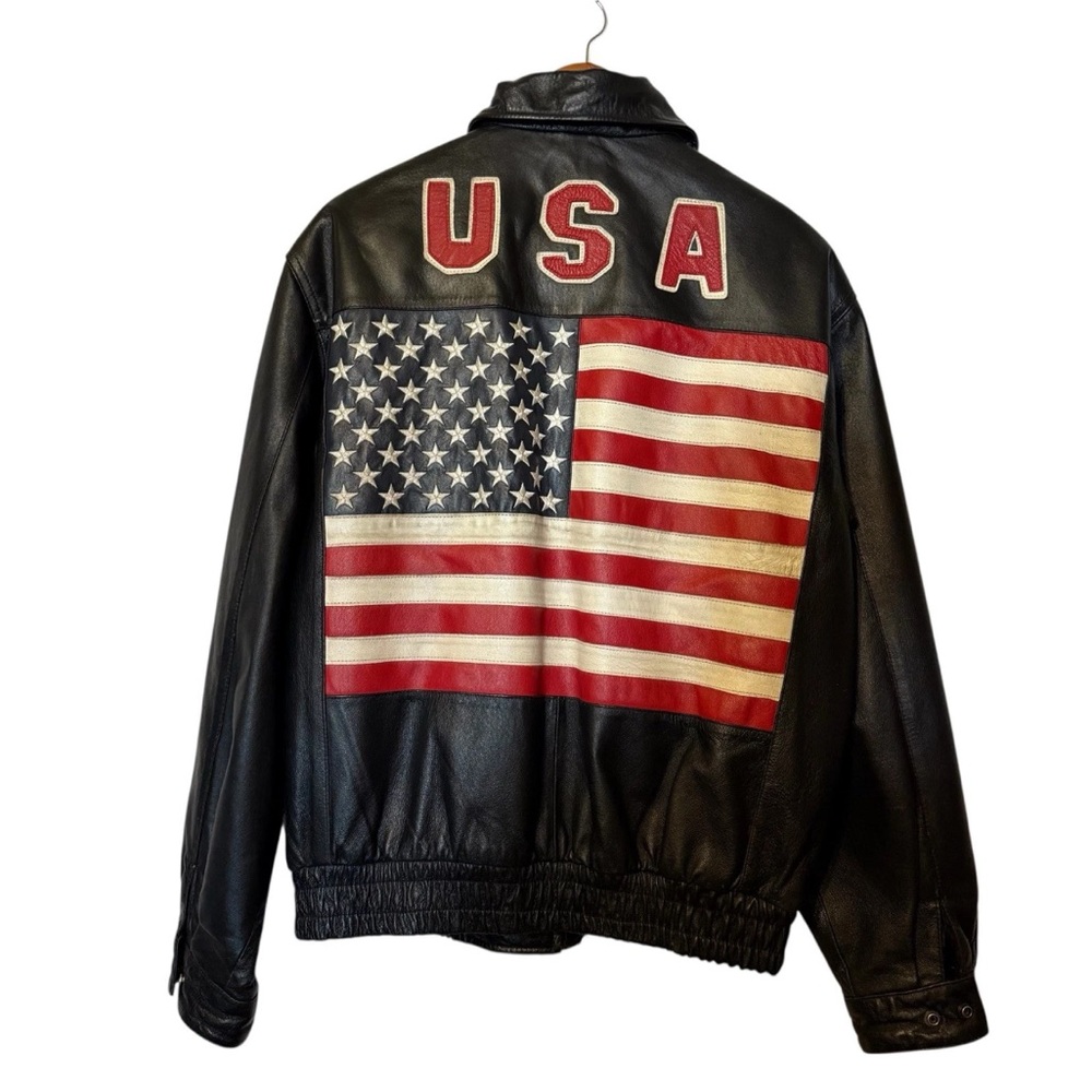 Black Leather Bomber Jacket with USA Flag Back